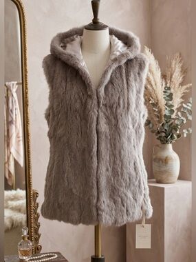 RABBIT FUR | Hooded Vest | Luxury Soft Grey| NWT
